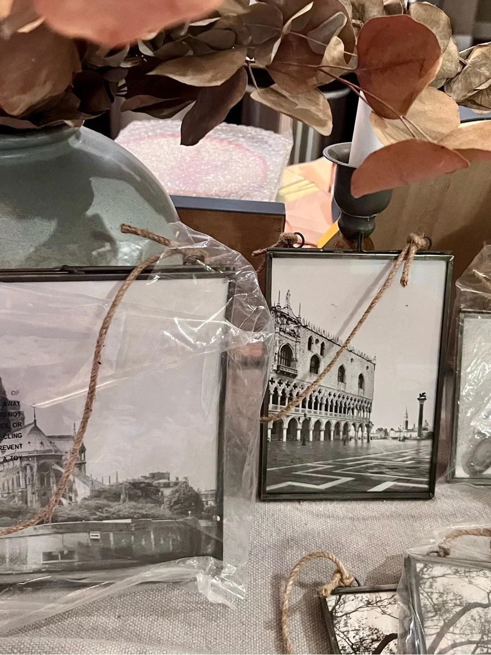 Set of 7 Cost Plus World Market Black & Cream Hanging Photo Frames with Rope